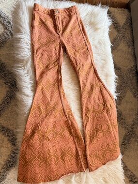 Free People Burnt Orange Patterned Flare Jeans